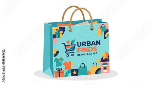 Turquoise Shopping Bag with Urban Finds Logo and Graphics.