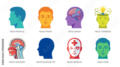 Vector illustrations of human head profiles showcase various brain and medical icons in different colors and styles.