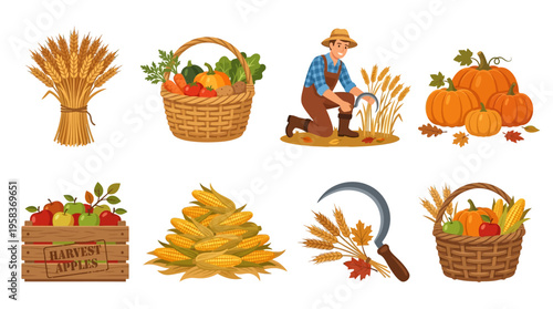 A vector illustration of a farmer harvesting vector wheat, fruits, and vegetables, with baskets and tools, in a scenic autumn landscape with pumpkins.