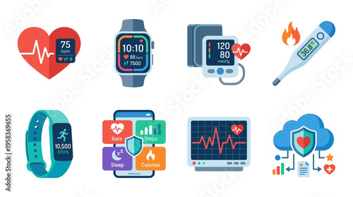 Health monitoring devices display vital signs and vector graphics of heart rate, temperature, and fitness tracking on various wearable tech.
