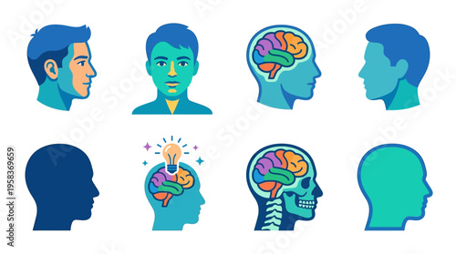 Vector illustrations of human heads and brains in various perspectives and colors