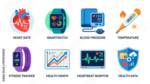 Vector graphics illustrate various health monitoring devices and data displays on smartwatches and fitness trackers.