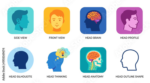 Vector illustrations of human heads in various profiles and thinking poses are shown in different colors and styles.