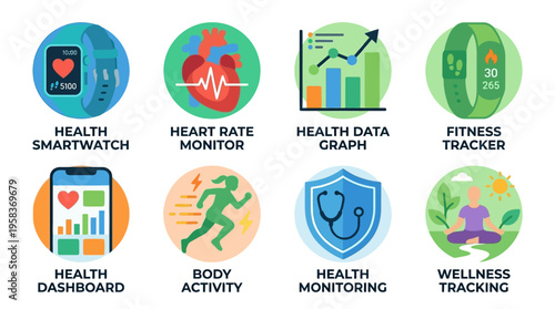 Health icons display vector graphics of smartwatch, heart rate monitor, and fitness tracker on a modern digital wellness dashboard.