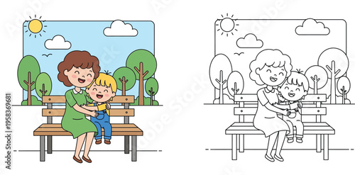 Happy Mother and Son Sitting on a Park Bench Hugging, Color and Black and White Outline Vector Illustration for Kids Coloring Book and Family Themed Creative Projects