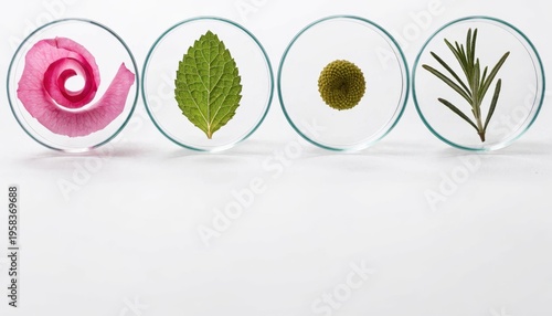 Four petri dishes with natural ingredients for science