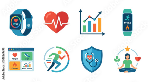 Health and fitness icons vector graphics showcase various wellness concepts and symbols.