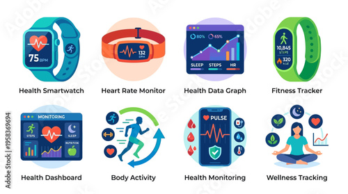 Vector graphics illustrate various health monitoring devices and fitness trackers on a screen.