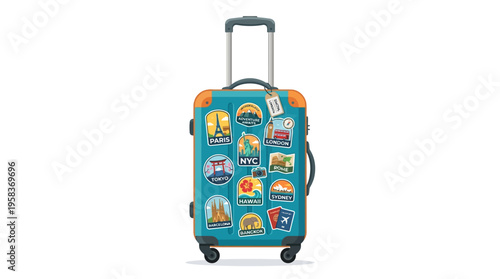 Turquoise suitcase adorned with travel destination stickers.