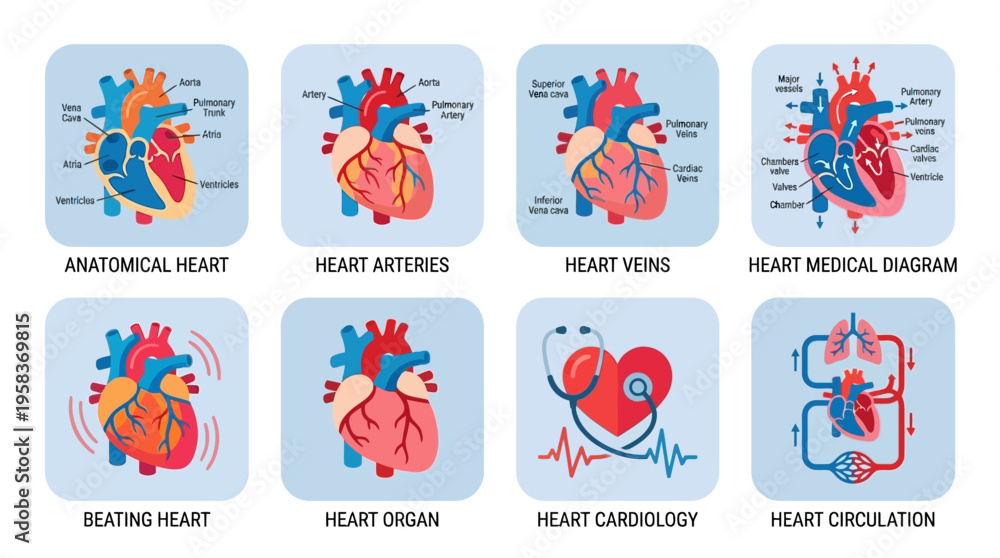 Fototapeta premium Vector illustrations of various medical heart diagrams and anatomical representations in a digital format for educational purposes.