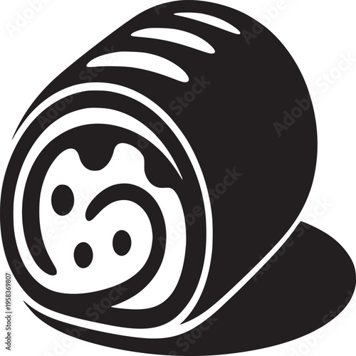 A black and white graphic design of a swiss roll with a shadow on a white background design style
