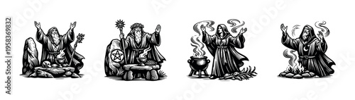 Wizards and mystical figures performing rituals black and white vector illustration