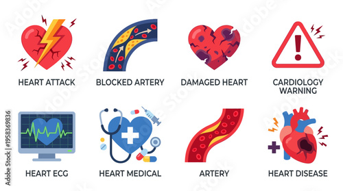 Vector graphics illustrating a heart attack with blocked artery and damaged heart in medical setting