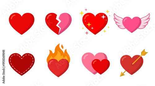 A vibrant vector illustration of various heart emojis scattered across a clean digital canvas, showcasing emotions through diverse symbols and colors.