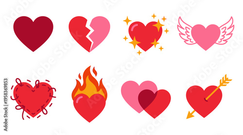 Various vector heart icons with different symbols and colors are arranged on a plain surface for design.