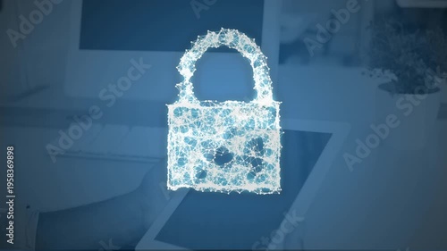Animation of digital padlock over computers in office