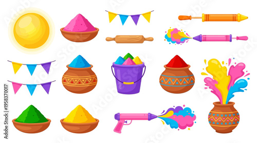 Vibrant vector illustration of colorful Holi festival supplies and decorations on a white background with buckets, bowls, and water guns filled with powder paint.