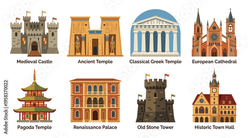 A vector illustration showcasing various architectural landmarks including a medieval castle, ancient temple, classical Greek temple, and other historic buildings.