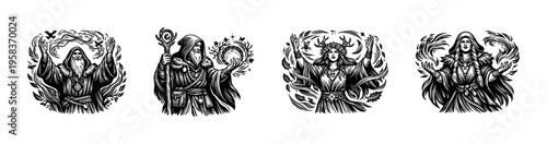 Black and white wizard and sorceress silhouettes vector illustration with magical elements