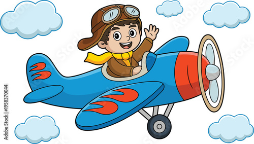 Cartoon illustration of a boy flying a blue airplane with goggles and a scarf, surrounded by fluffy clouds in a playful style