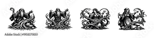 Mystical wizard and sorceress illustration set black and white vector art with nature elements