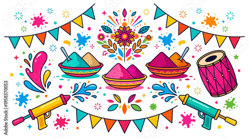 Vibrant Holi celebration scene with colorful powders and vector balloons floating above a festive drum and decorations.