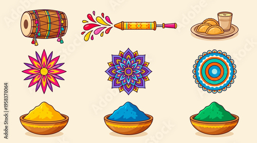 Vibrant vector illustration of Holi festival celebration with colorful powders and decorations outdoors.