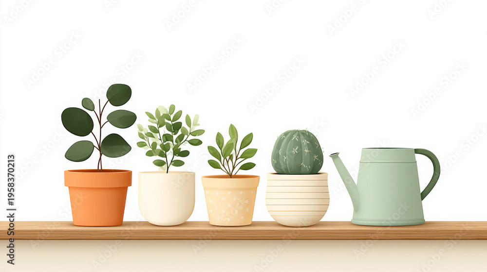 Fototapeta premium Variety of potted plants with watering can on wooden shelf home decor