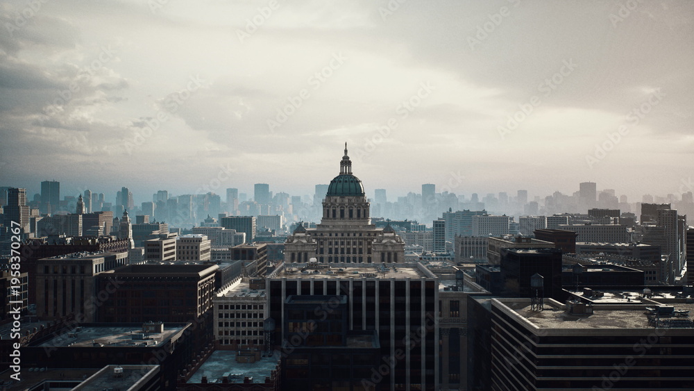 Obraz premium overcast city skyline with dome wide panoramic drone sweep across metropolitan rooftops, pale morning sun casting soft glow through haze, distant skyscrapers