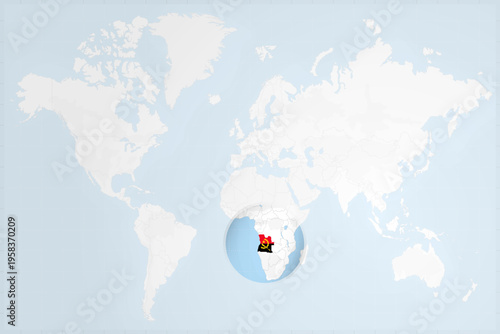 Angola Map with Flag in Magnifying Glass on World Map Background