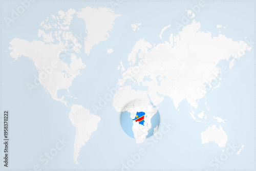 DR Congo Map with Flag in Magnifying Glass on World Map Background