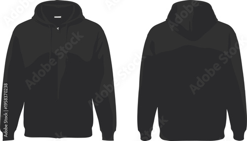 Minimalist vector design of a black zip-up hoodie with front and back views for apparel mockup illustrations