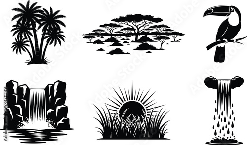 Tropical nature silhouettes set, palm trees waterfall toucan savanna sunset icons, wildlife landscape collection illustration isolated for exotic environment and travel design