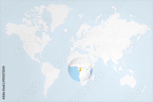 Congo Map with Flag in Magnifying Glass on World Map Background