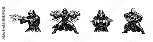 Fantasy wizards casting spells black and white vector illustration silhouette design