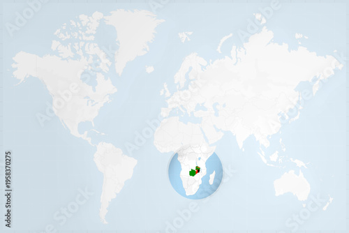 Zambia Map with Flag in Magnifying Glass on World Map Background