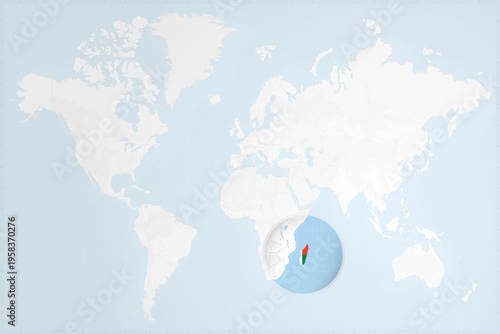Madagascar Map with Flag in Magnifying Glass on World Map Background
