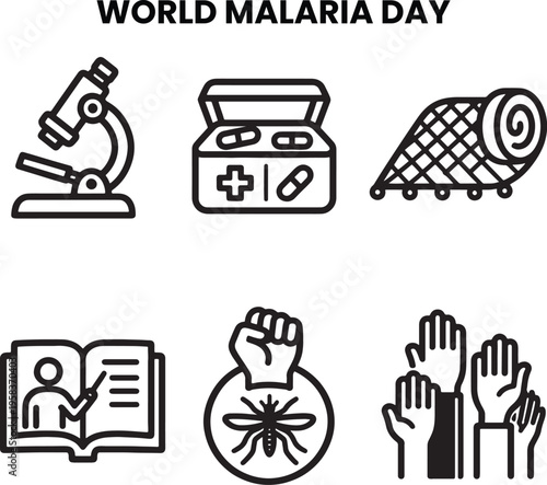 World malaria day educational icons illustrating microscope medical kit bed net teaching materials community support and vector control awareness set