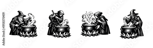 Wizards and witches brewing potions silhouette illustration in black and white