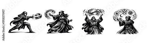 Fantasy wizard silhouette performing magic spells vector illustration black and white art