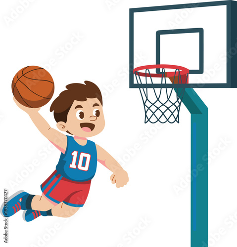 Cartoon illustration of a young boy performing a slam dunk in basketball, perfect for sports and children’s content