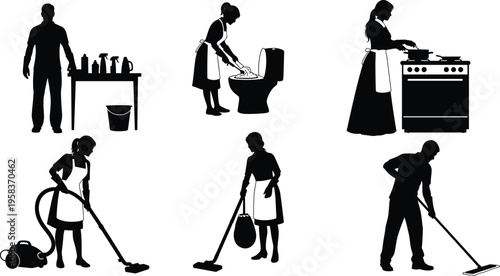House cleaning and domestic work silhouettes, people performing household chores, sanitation and hygiene activities illustration for home service, maintenance and lifestyle concept design