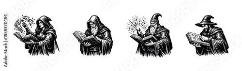 Black and white vector illustrations of wizards with spellbooks in vintage style