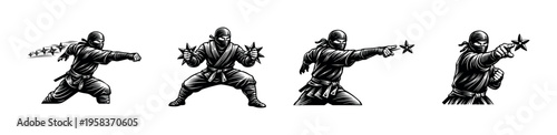 Ninja throwing star illustration, martial arts black and white vector silhouette design