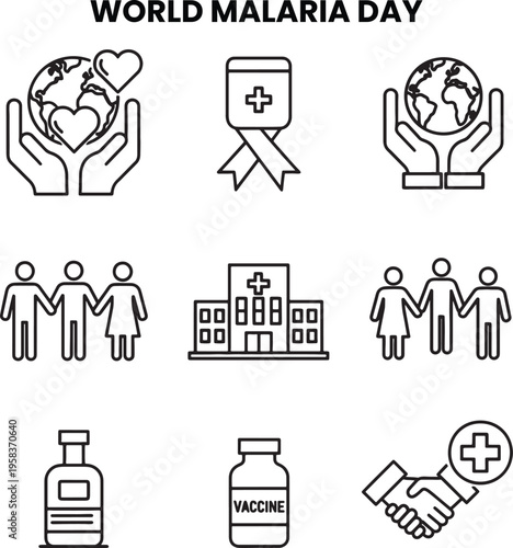 World malaria day healthcare medical icons set representing global health awareness and fight against disease with research prevention symbols