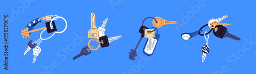 Different key chains set. Various bunches of keyrings with trinkets, tags hanging on rings. Keychains for house, office, car, postbox, apartment and real estate. Flat isolated vector illustrations