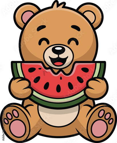 Cartoon illustration of a cute bear happily eating a slice of watermelon, perfect for children’s content and summer designs