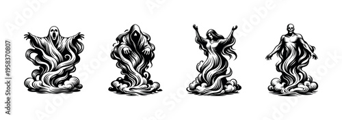 Black and white vector illustration of four ghostly figures with flowing drapes
