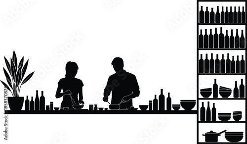 Cooking couple silhouette in kitchen, food preparation scene with utensils and shelves, home cooking concept illustration for lifestyle, culinary, restaurant and domestic activity design
