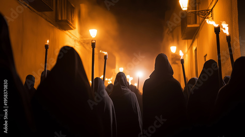 Hooded figures processing through a dark street carrying burning torches and candles in a solemn nighttime parade